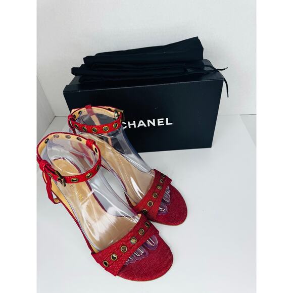 Vintage Chanel Red Canvas Sandals Heels IT 39  Grommet Ankle Strap CC Logo - Picture 12 of 12